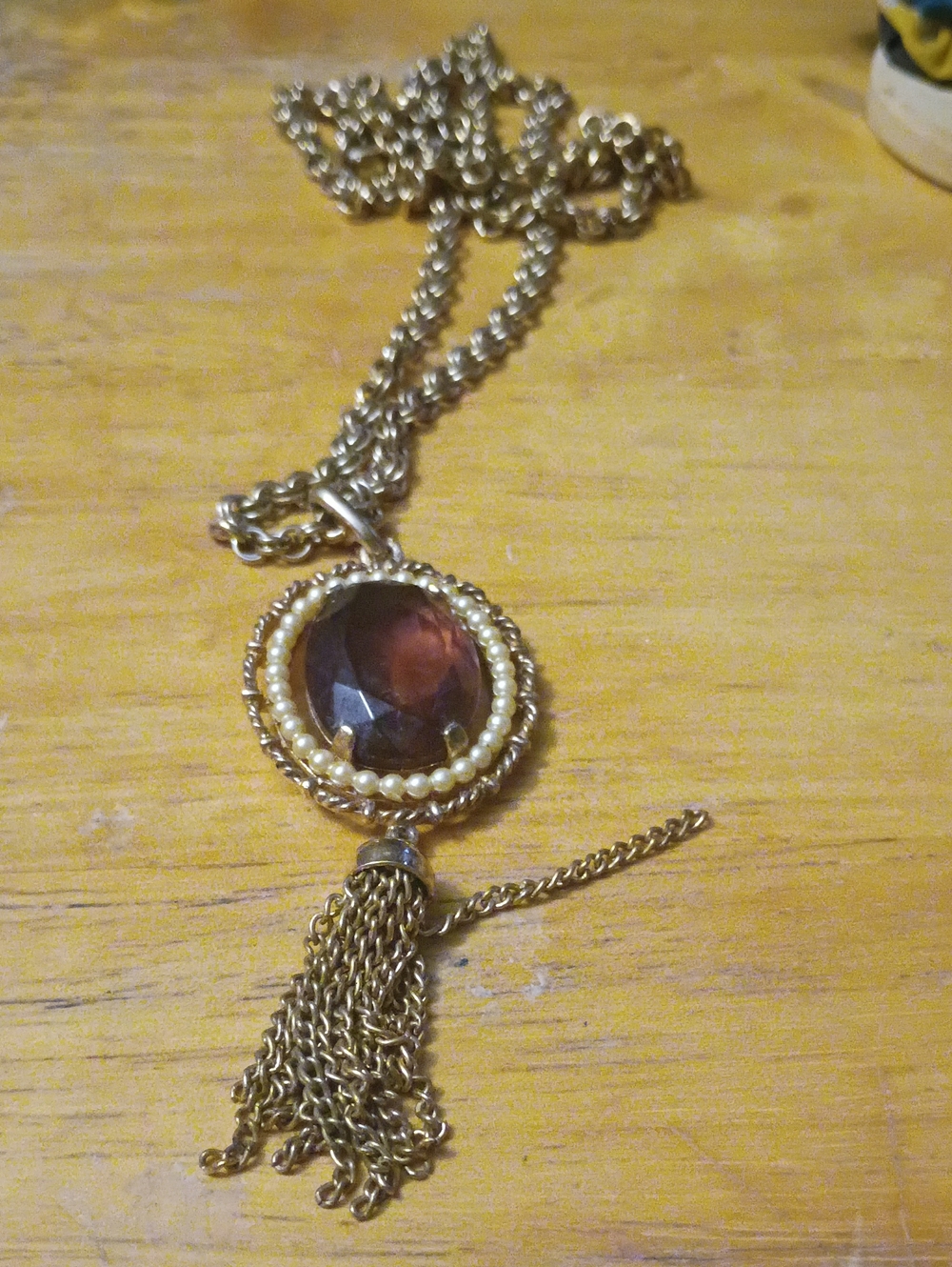 Gold-Tone Pendant Necklace with Amber Gem and Pearl Accent